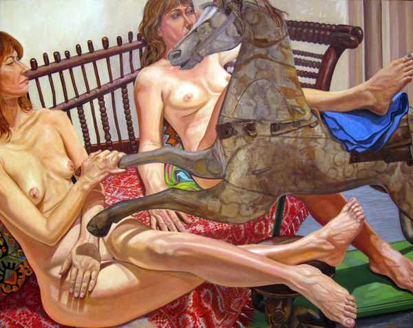 Philip Pearlstein, Models on Folk Art Sofa with Hobby Horse, 2012