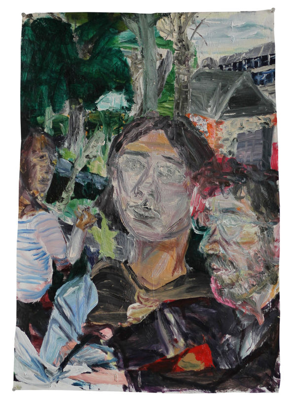 Paul Patrick Fenner Self Portrait with Margaret and Alice and a Stone Wall, 2023 oil on paper 75 x 52 cm 29 1/2 x 20 1/2 in