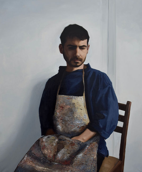Emilio Bartolome Martin Self-portrait in studio attire, 2023 Oil on linen 80 x 65 cm 31 1/2 x 25 5/8 in