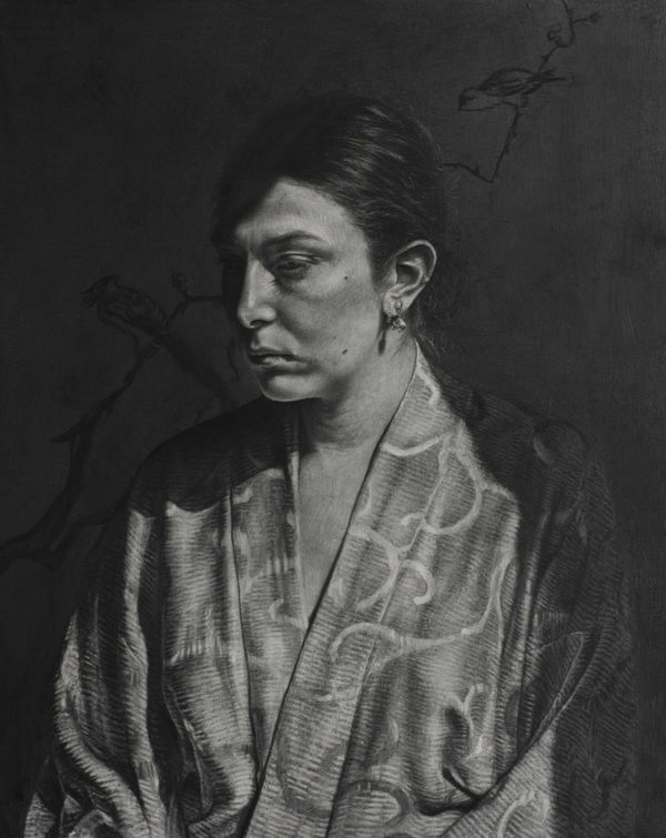 Andrea Santi Self-Portrait wearing a Japanese robe , 2022 Graphite on wood 59 x 44 cm 23 1/4 x 17 3/8 in