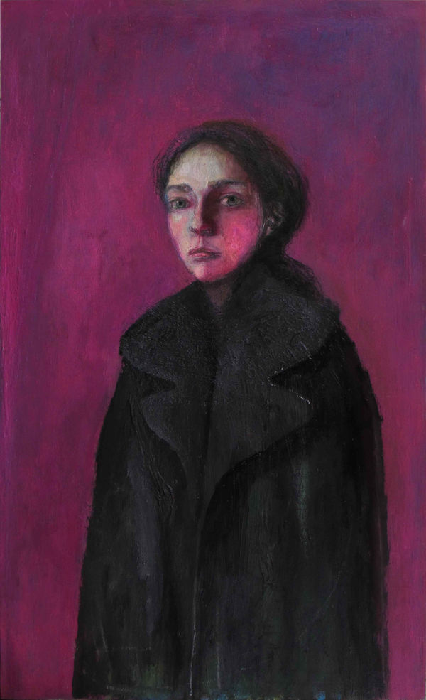 Lisa Stokes Black Overcoat, 2021 Oil, oil pastel, acrylic, charcoal on plywood 92 x 55.5 x 2 cm