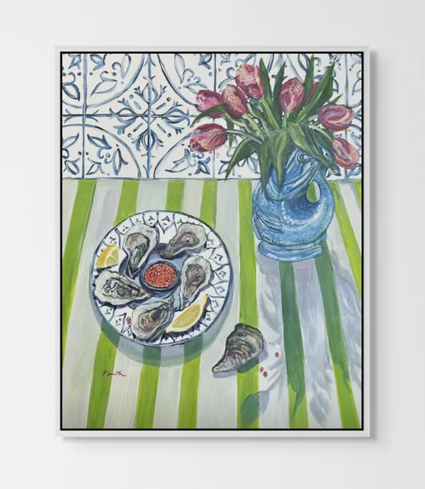 Pippa Smith, Oysters and Gluggle Jug on Green Stripes