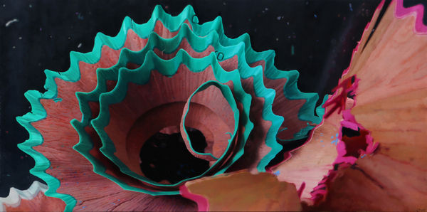 Javier Banegas Shavings Pink and Turquoise Oil on board 95 x 190 cm