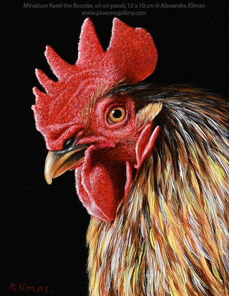 Alexandra Klimas Miniature Painting, Karel the Rooster Oil on panel 13 x 10 cm