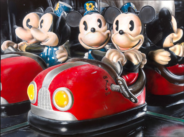 Cesar Santander Micky and Minnie Bumper Car oil and acrylic on canvas 91 x 122 cm