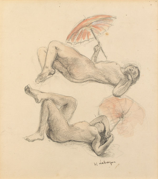 Henri LEBASQUE (Champigné 1865 - 1937 Le Cannet), Reclining female nudes with an umbrella