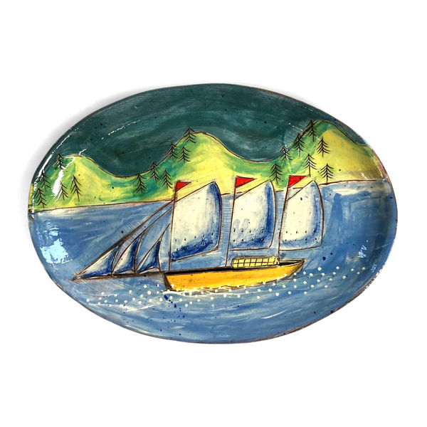 Anne Barrell, Three Masts and Golden Hull – oval platter, 2024