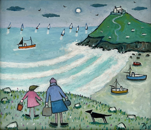 Joan Gillchrest 1918–2008Watching the Waves at Porthmeor Beach, St Ives initialled ‘JG’ recto, titled and signed label verso oil on board board size: h 17 x w 19 cm framed size: h 24.5 x w 27 cm