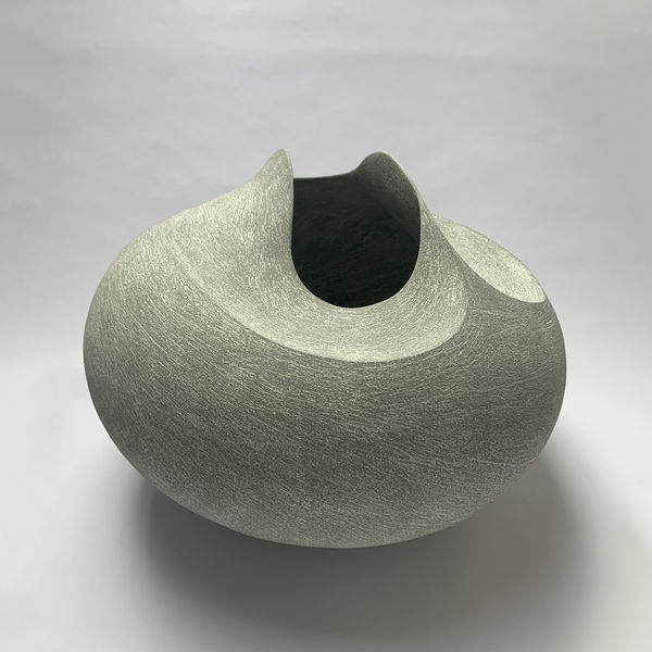 Mitch Pilkington Low Grey Stoneware Vessel, 2021 hand-built grey stoneware impressed seal mark 'MP' h. 30 cm x w. 42 cm