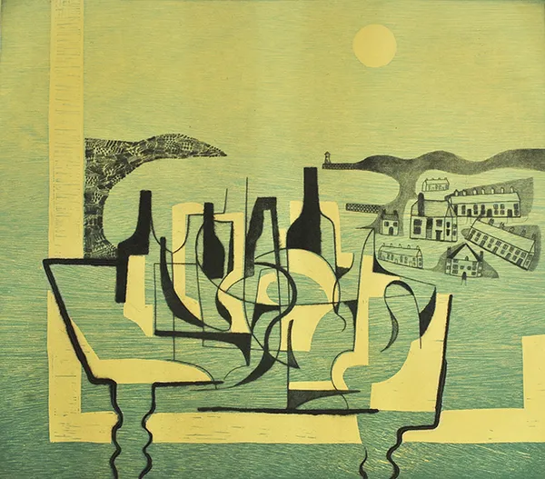 Turned Wood Table and Bottle I