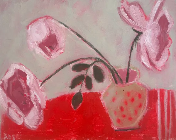 Anna Dixon-Smith, Pink Roses on Red Cloth, 2025