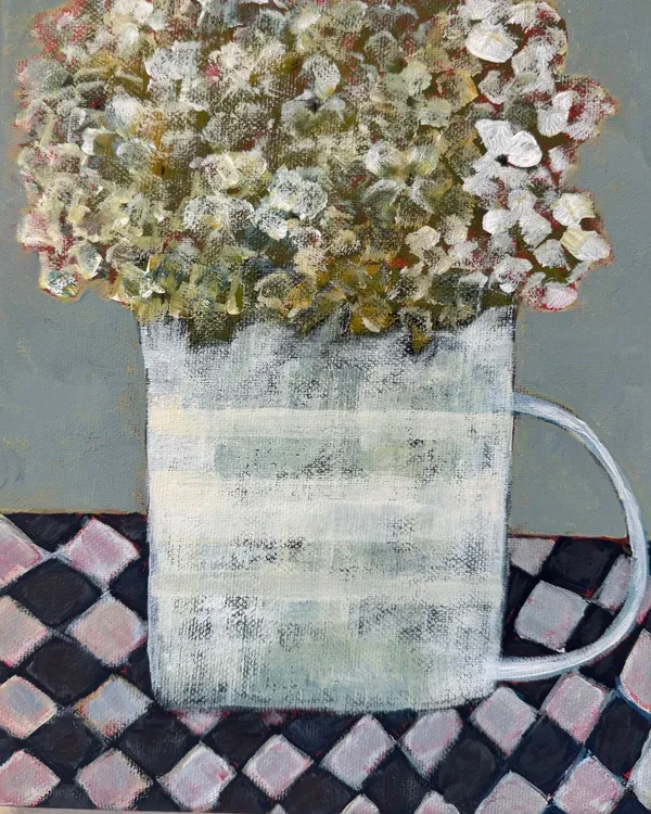 June Hughes, Hydrangea in stripy mug, 2025