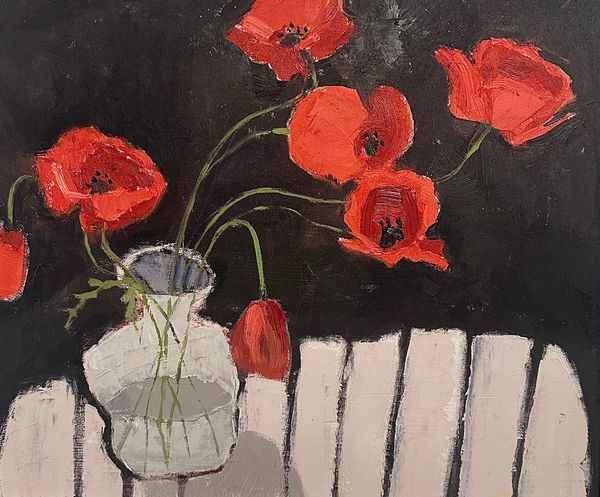 Anna Dixon-Smith, Wild Poppies on Striped Cloth, 2024