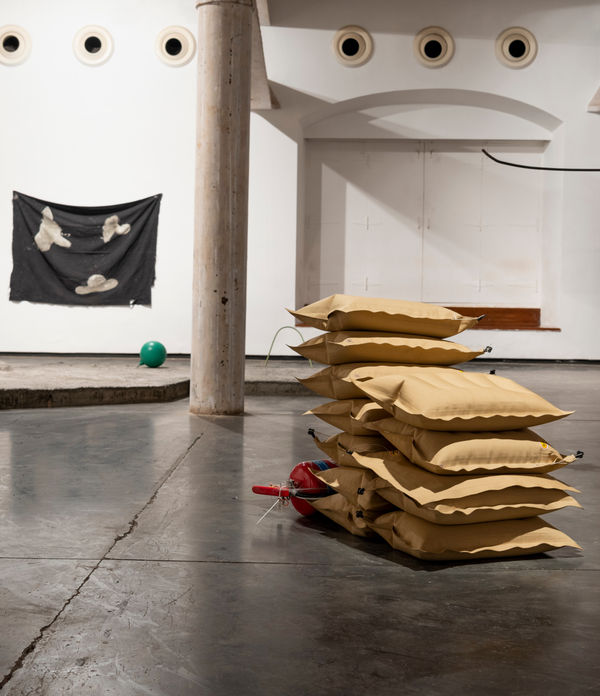 The Kalpana Airbag / Terra - 1 Rover, 2019 Airbag cushions, fire extinguisher & metal strip 33 x 21 x 26 inches