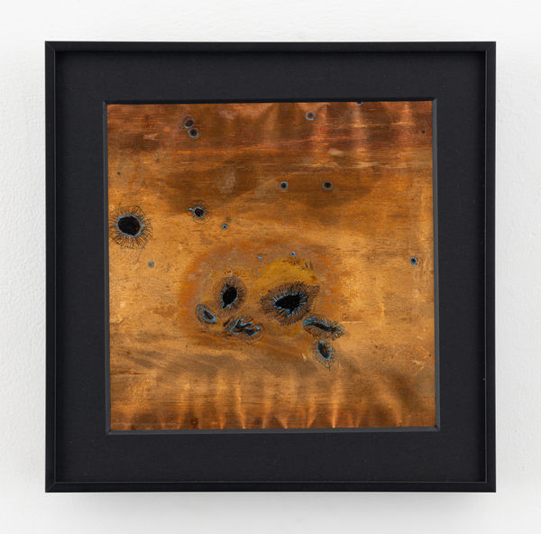 Rohini Devasher Sol Drawing 45, 2023 Fumage, flame, metal marker, glass marker, acid and gas burner on copperleaf 6 x 6 inches