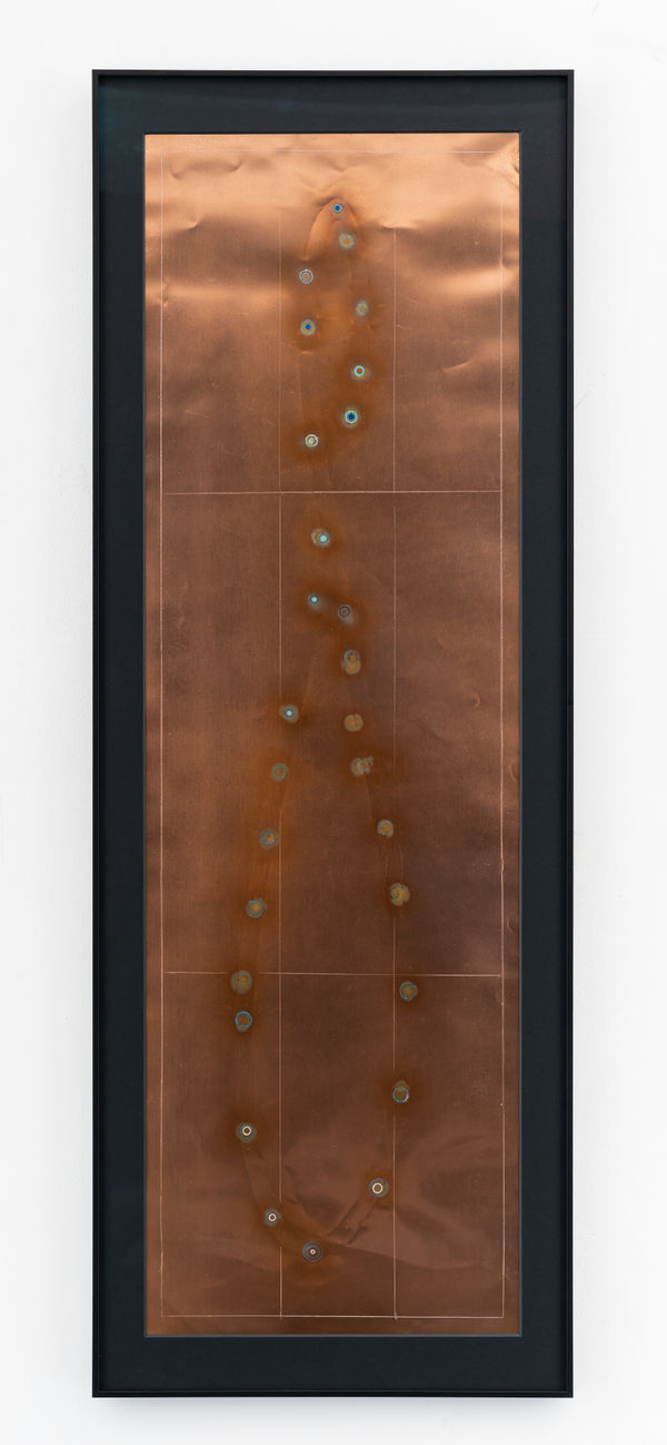 Rohini Devasher Skywatch 1, 2023 Flame, glass marker, posca markers on 0.1mm copper sheet 12 x 36 inches