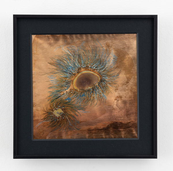 Rohini Devasher Sol Drawing 26, 2023 Fumage, flame, metal marker, glass marker, acid and gas burner on copperleaf 6 x 6 inches