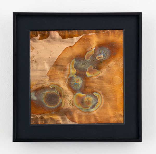 Rohini Devasher Sol Drawing 18, 2023 Fumage, flame, metal marker, glass marker, acid and gas burner on copperleaf 6 x 6 inches