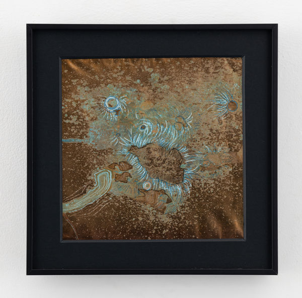 Rohini Devasher Sol Drawing 56, 2023 Fumage, flame, metal marker, glass marker, acid and gas burner on copperleaf 6 x 6 inches