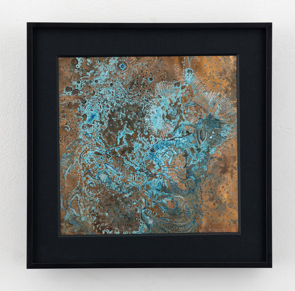 Rohini Devasher Sol Drawing 24, 2023 Fumage, flame, metal marker, glass marker, acid and gas burner on copperleaf 6 x 6 inches