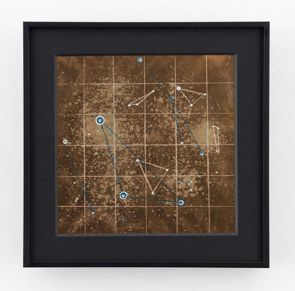 Rohini Devasher Sol Drawing 57, 2023 Fumage, flame, metal marker, glass marker, acid and gas burner on copperleaf 6 x 6 inches