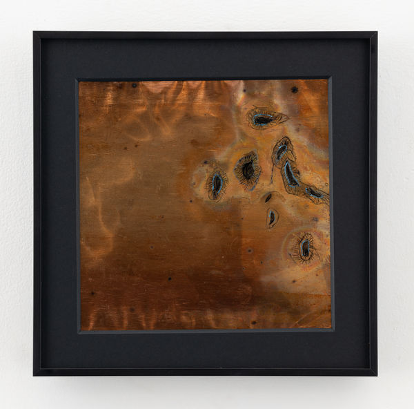 Rohini Devasher Sol Drawing 47, 2023 Fumage, flame, metal marker, glass marker, acid and gas burner on copperleaf 6 x 6 inches