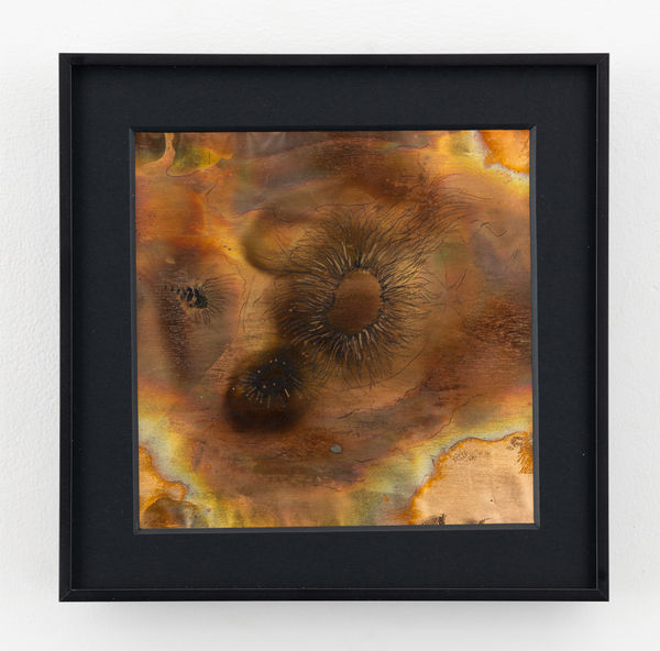 Rohini Devasher Sol Drawing 44, 2023 Fumage, flame, metal marker, glass marker, acid and gas burner on copperleaf 6 x 6 inches