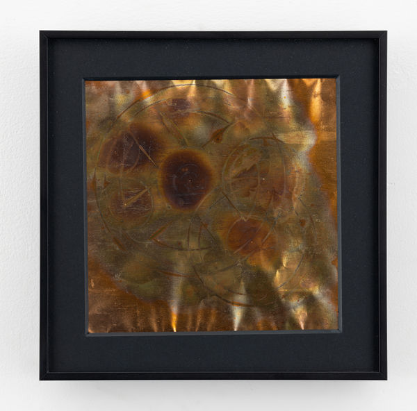 Rohini Devasher Sol Drawing 21, 2023 Fumage, flame, metal marker, glass marker, acid and gas burner on copperleaf 6 x 6 inches