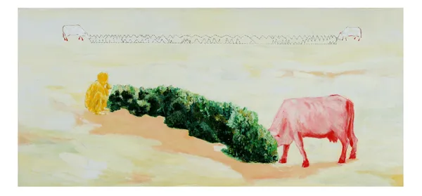 Mahesh Baliga Whenever you want to paint a grass look at it as if you are a cow, 2007 Acrylic on canvas 32 x 68 Inches