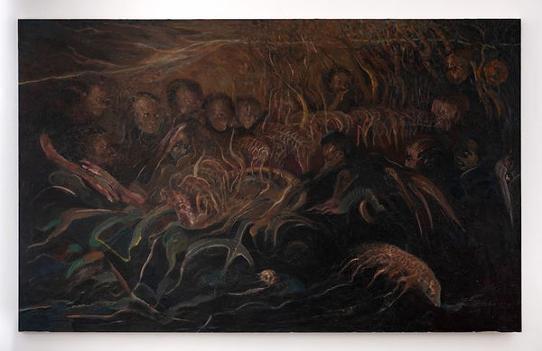 Amitesh Shrivastava While Crossing, 2021 Oil On Canvas 60 x 96 inches