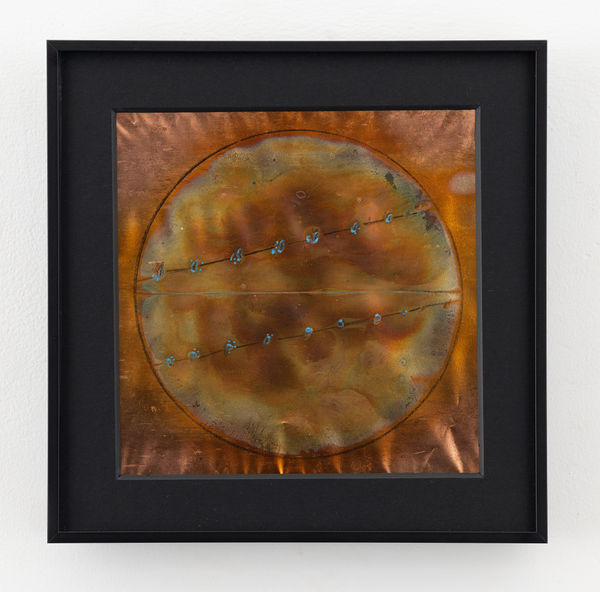 Rohini Devasher Sol Drawing 48, 2023 Fumage, flame, metal marker, glass marker, acid and gas burner on copperleaf 6 x 6 inches