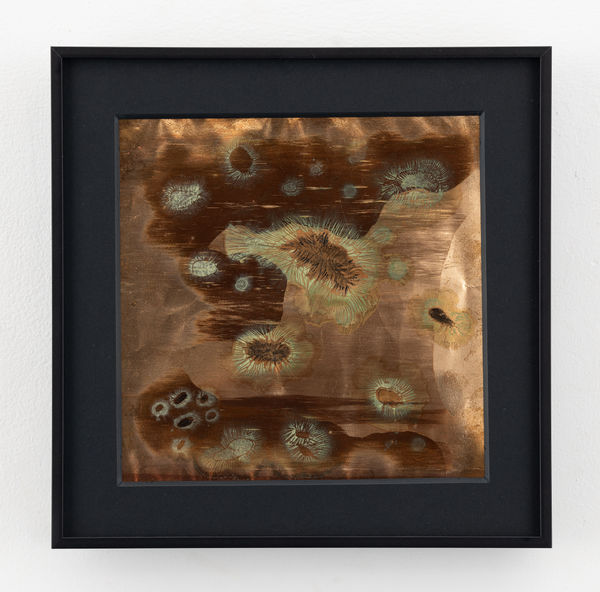 Rohini Devasher Sol Drawing 36, 2023 Fumage, flame, metal marker, glass marker, acid and gas burner on copperleaf 6 x 6 inches