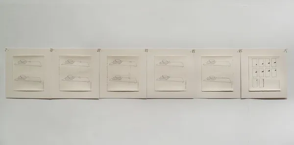 Rehaan Engineer watching the rug, 2013 ink and white paint on paper, set of 6 drawings 8.75 x 9.5 inches (each)