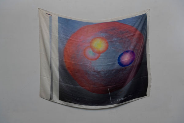 The Kalpana Planetary repercussions proton collider is the desert accelerator, 2019 C print collage on silk 47 x 42 inches