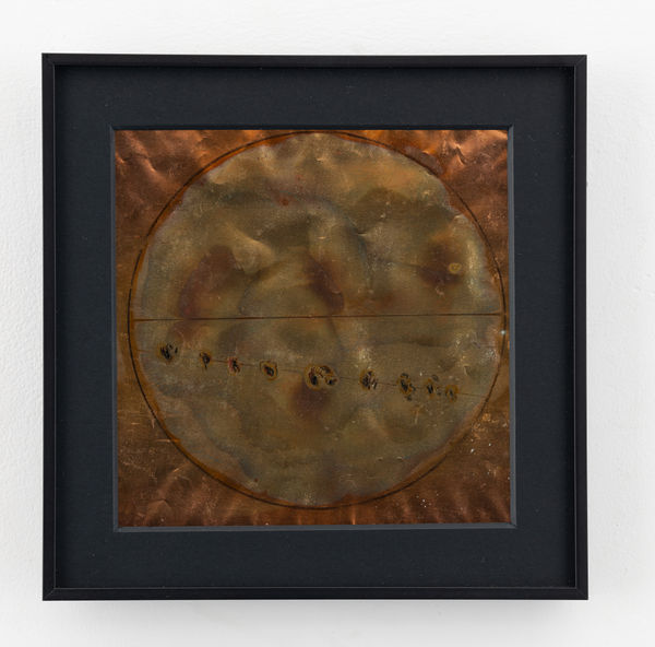 Rohini Devasher Sol Drawing 25, 2023 Fumage, flame, metal marker, glass marker, acid and gas burner on copperleaf 6 x 6 inches