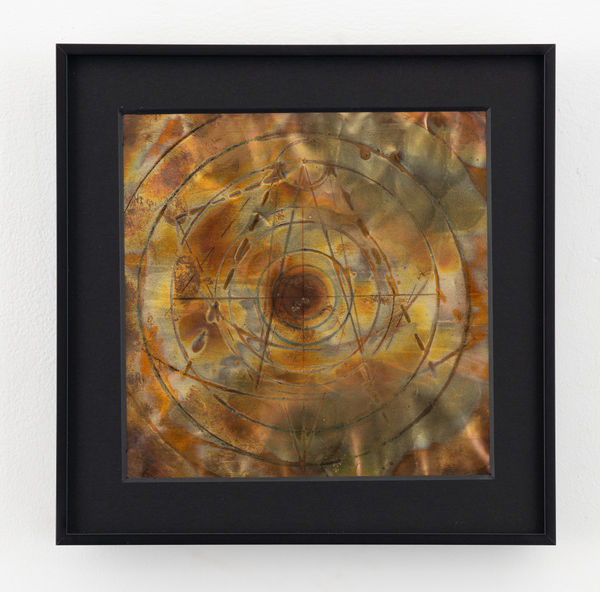 Rohini Devasher Sol Drawing 37, 2023 Fumage, flame, metal marker, glass marker, acid and gas burner on copperleaf 6 x 6 inches