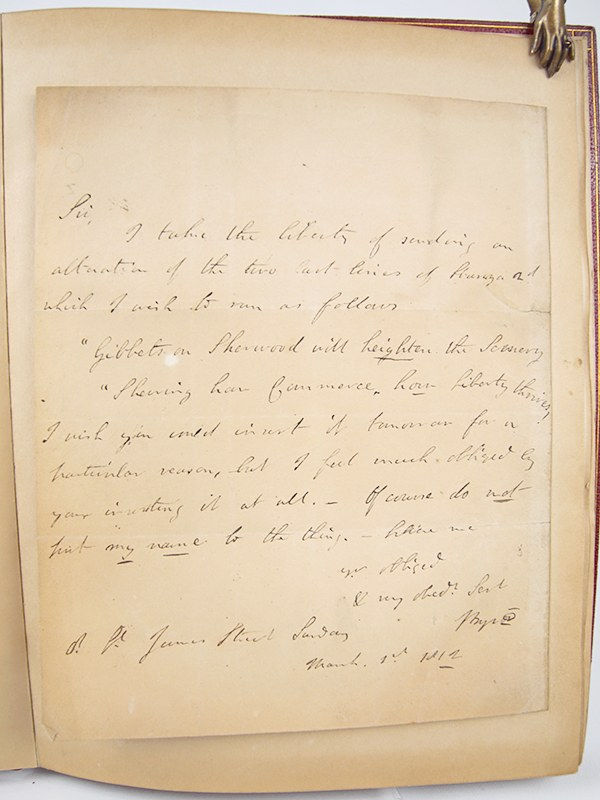 A Political Ode with ALS by which it was attributed, text by Lord Byron. Letter in Byron's hand