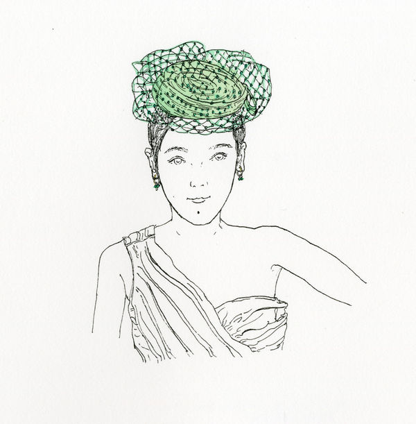 Christelle Téa, Self-portrait with a Bibi, bespoke, Pia model with a green veil, Mademoiselle Chapeaux, Paris, 2020