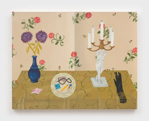 Anne Buckwalter, Still Life with Dahlias, Candelabra, and Lace Glove, 2024