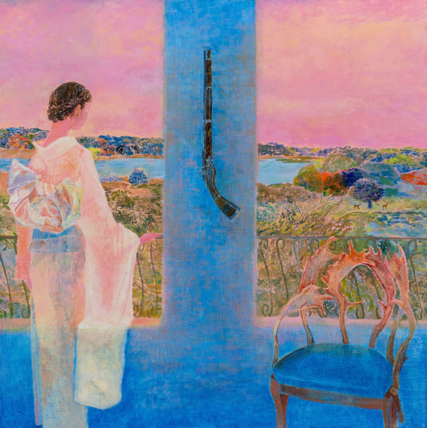 A woman in a kimono and a hunting gun