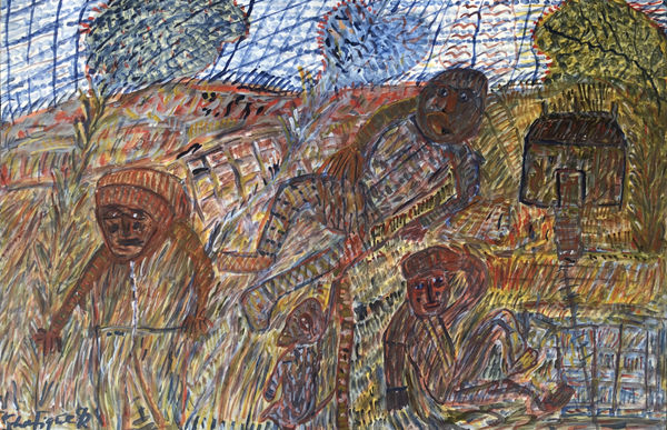 Uddin’s paintings – done in gouache on paper – shimmer with expressive colour. Their characteristic short, dynamic brushstrokes impart a compelling energy to each scene