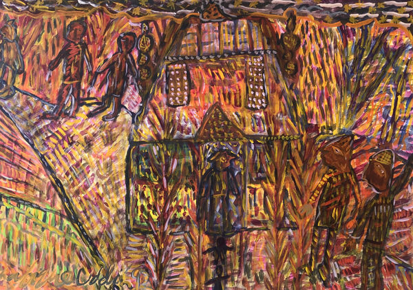 Uddin’s paintings – done in gouache on paper – shimmer with expressive colour. Their characteristic short, dynamic brushstrokes impart a compelling energy to each scene