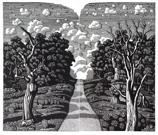 Black and white wooden linocut of a path with trees and clouds in the sky by Australian artist and printmaker David Frazer.