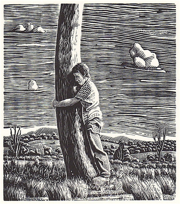 Black and white wood engraving of a man hugging a tree in a field by Australian artist and printmaker David Frazer.