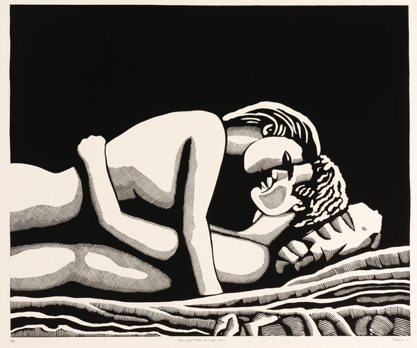 Wooden linocut of a couple kissing an intimate and romantic scene by Australian printmaker and artist David Frazer inspired by the lyrics of "Love Letter" by Australian musician Nick Cave.