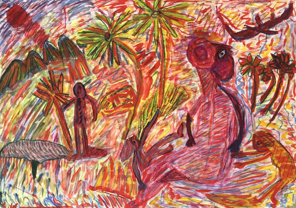 Uddin’s paintings – done in gouache on paper – shimmer with expressive colour. Their characteristic short, dynamic brushstrokes impart a compelling energy to each scene