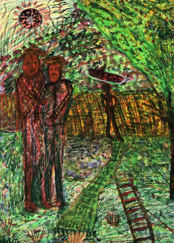 Uddin’s paintings – done in gouache on paper – shimmer with expressive colour. Their characteristic short, dynamic brushstrokes impart a compelling energy to each scene