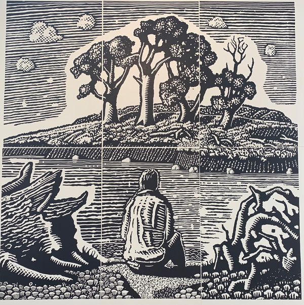 Woodcut by Australian printmaker David Frazer of young man sitting down looking at a tree inspired by the lyrics of "Love Letter" by Australian musician Nick Cave.