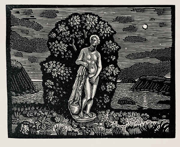 Black and white wood engraving of a statue-like figure in a field by Australian artist David Frazer inspired by the singer and actress Marianne Faithfull.