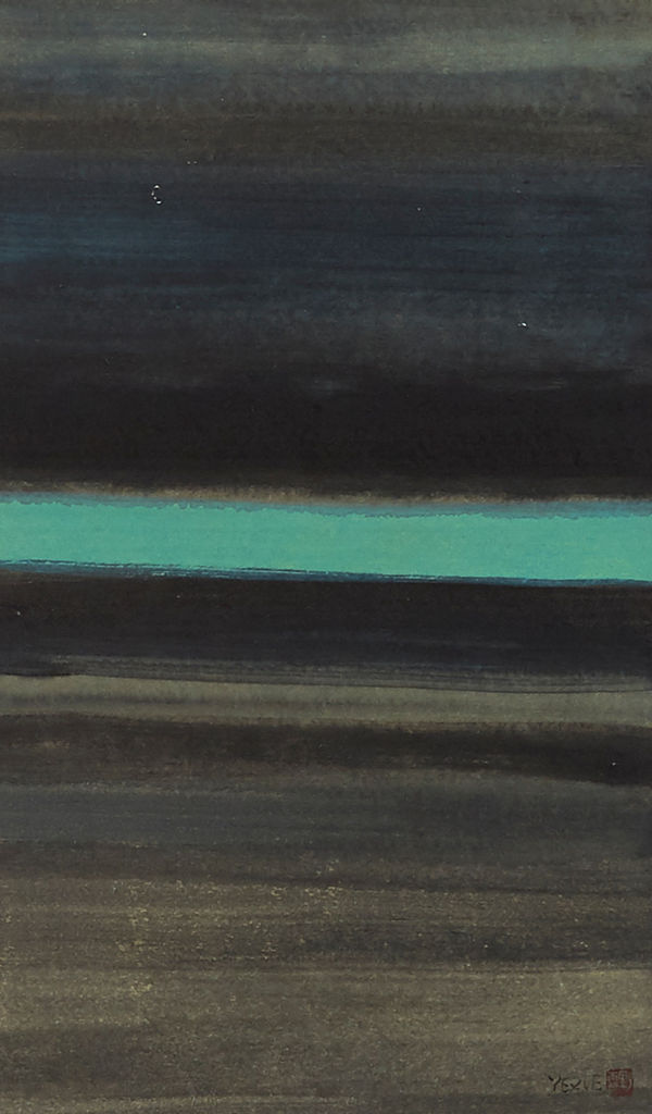 Ye Xue artwork with green line on a dark background available at the Rebecca Hossack Art Gallery.